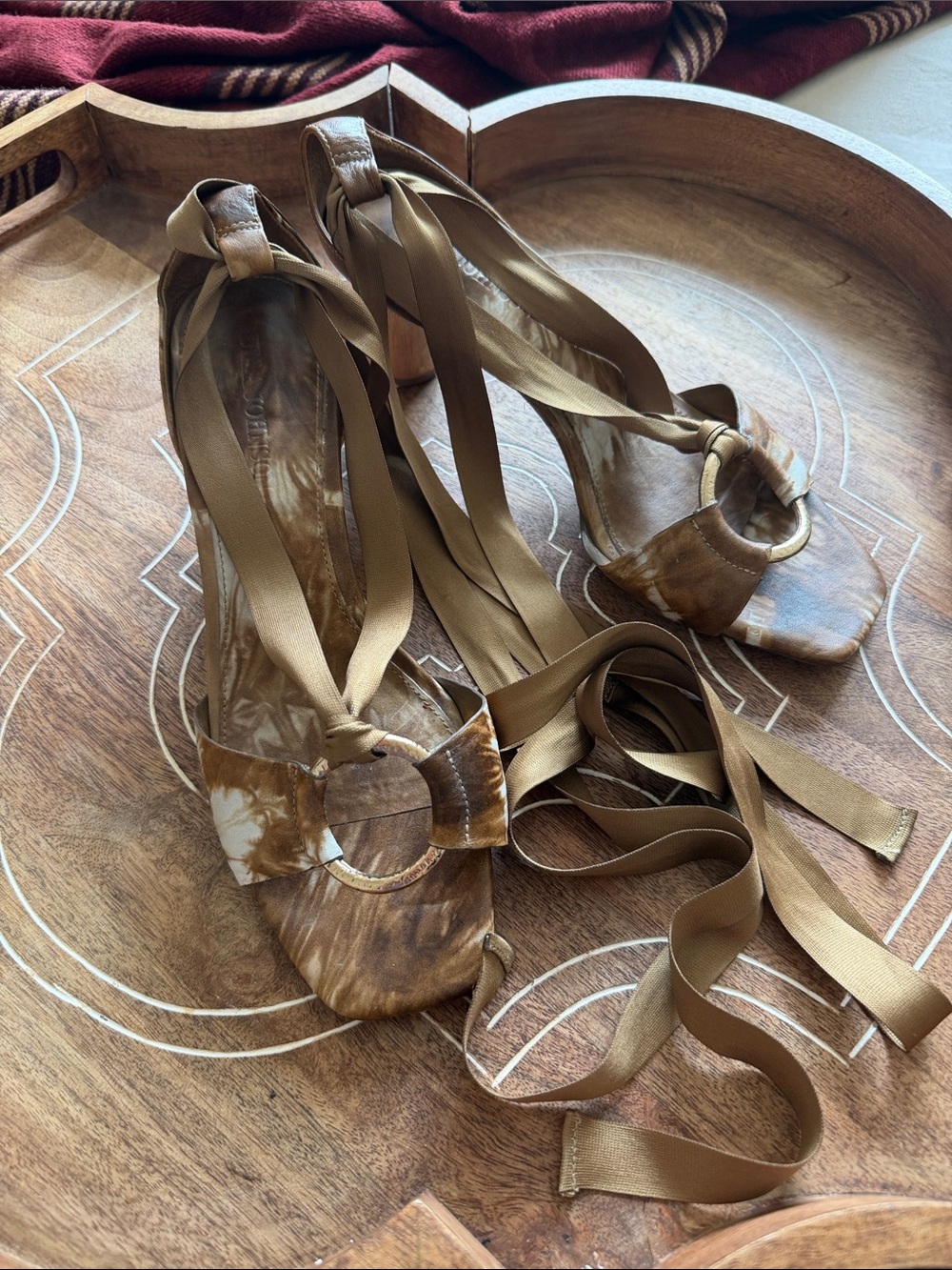 Ulla Johnson Brown Tie-Dye Wrap Sandals with olive green Ankle Ribbon